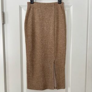 Ribbed Pencil Skirt with Front Slit in Camel